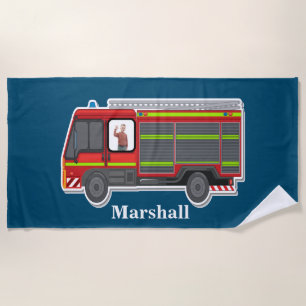 Cute  personalised fire engine kids  photo blue beach towel