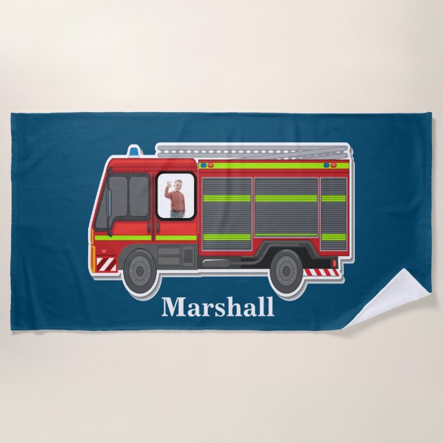 Cute  personalised fire engine kids  photo blue beach towel (Front)
