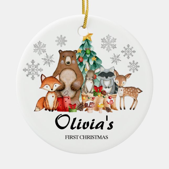 Cute Personalised First's Christmas animal Ceramic Tree Decoration (Front)
