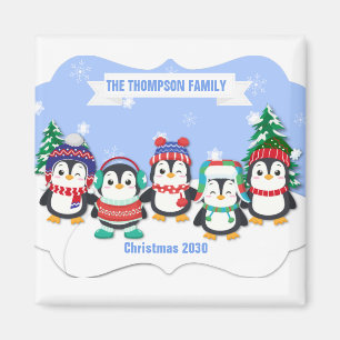 Cute Personalised Five Penguin  Christmas Magnet