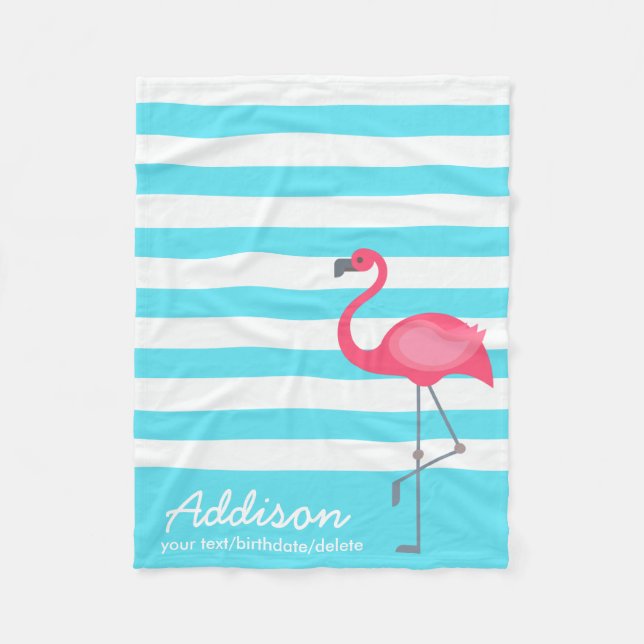 Cute Personalised Flamingo Tropical Blue Stripe Fleece Blanket (Front)