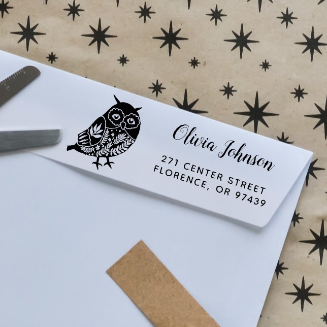 Cute Personalised Folk Art Owl Return Address Rubber Stamp (Creator Uploaded)