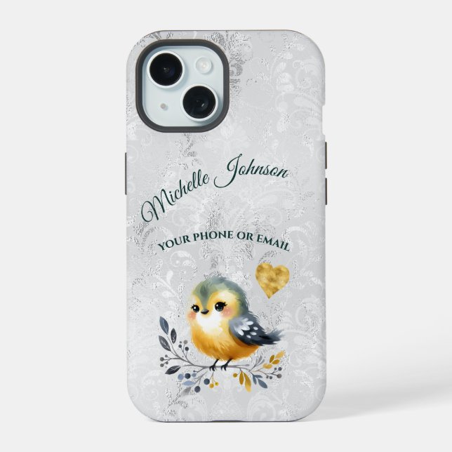 Cute Personalised Folk Bird & Heart Phone Case (Back)