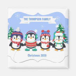 Cute Personalised Four Penguins Christmas Magnet
