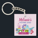 Cute Personalised Gardening Shed Key Ring<br><div class="desc">Cute flower garden art on personalised garden shed keychain.</div>