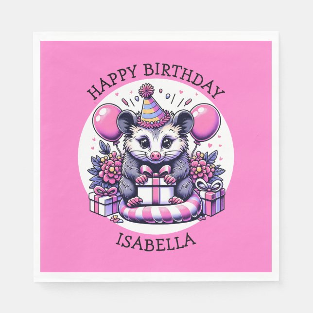 Cute Personalised Girl's Birthday Possum Napkin (Front)