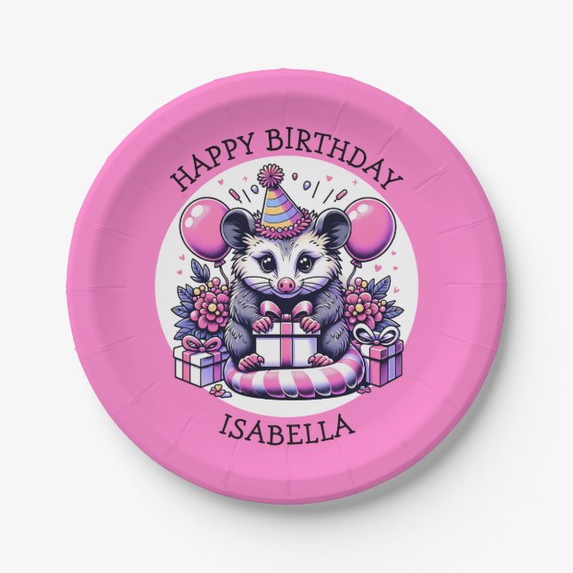 Cute Personalised Girl's Birthday Possum Paper Plate (Front)