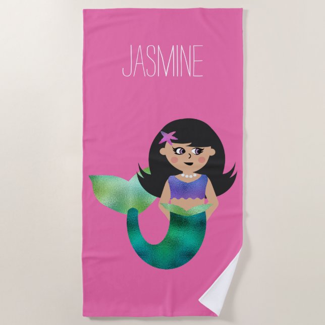 Cute Personalised Girls Latino Faux Foil Mermaid Beach Towel (Front)
