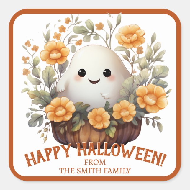 Cute Personalised Halloween Ghost Square Sticker (Front)