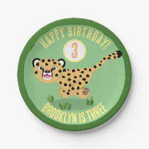 Cute personalised happy cheetah birthday cartoon paper plate