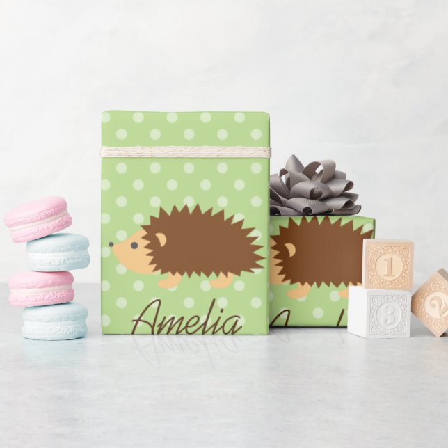 Cute personalised hedgehog polkadot wrapping paper (Baby Shower)