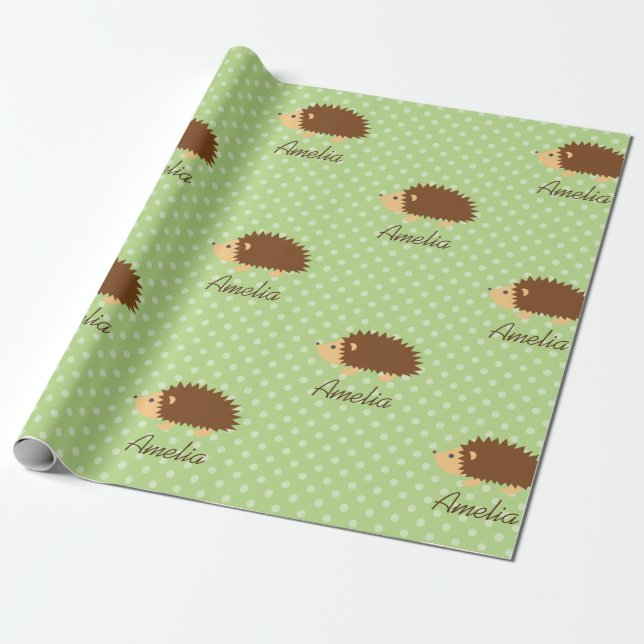 Cute personalised hedgehog polkadot wrapping paper (Unrolled)