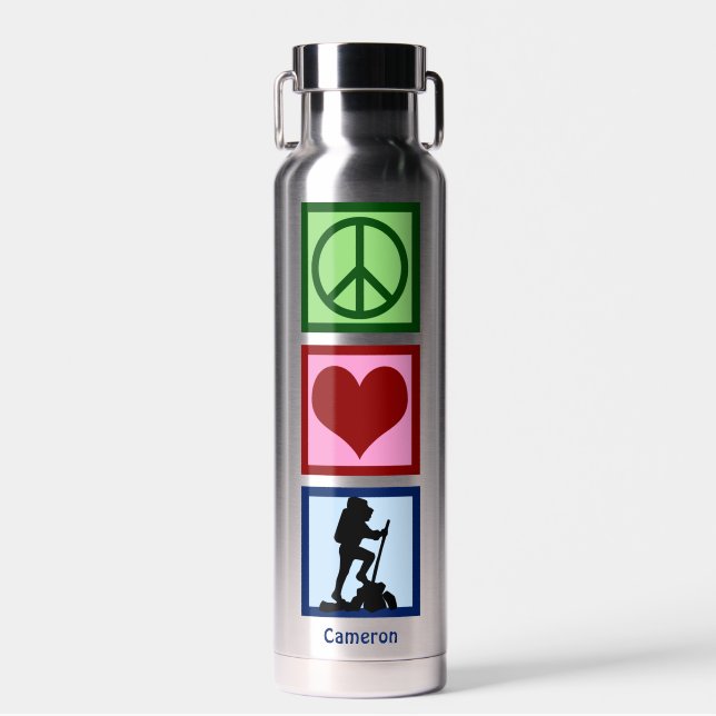 Cute Personalised Hiker Peace Love Hiking Water Bottle (Front)