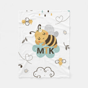Cute Personalised Honey Bee Yellow Teal Grey  Fleece Blanket