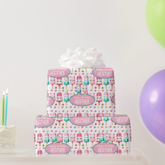 Cute Personalised IcePop Summer Birthday Girls Wrapping Paper (Party Gifts)