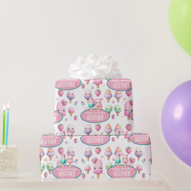 Cute Personalised IcePop Summer Birthday Girls Wrapping Paper (Party Gifts)