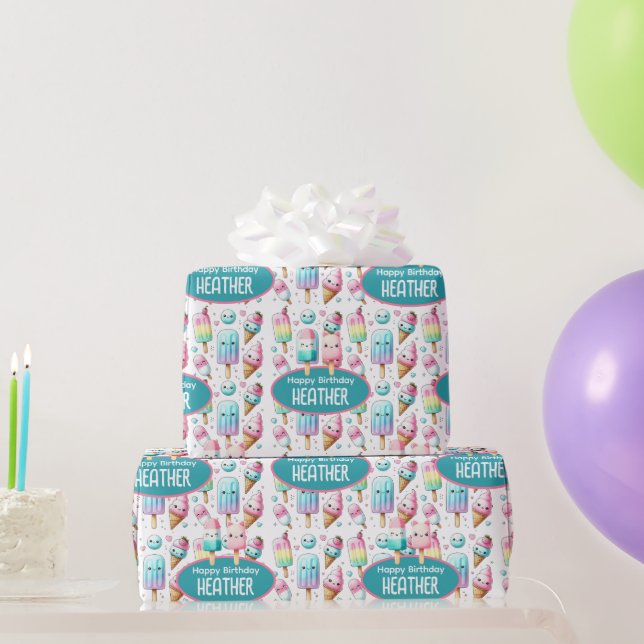 Cute Personalised IcePop Summer Birthday Girls Wrapping Paper (Party Gifts)