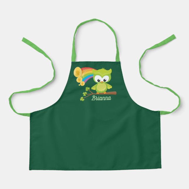 Cute Personalised Irish Girl Owl Green Apron (Front)