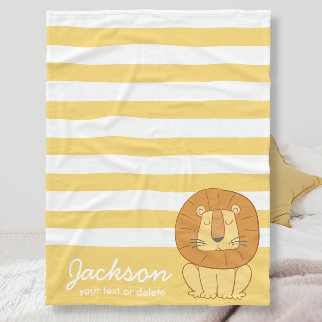 Cute Personalised Jungle Lion Cosy Yellow Stripe Fleece Blanket (Creator Uploaded)