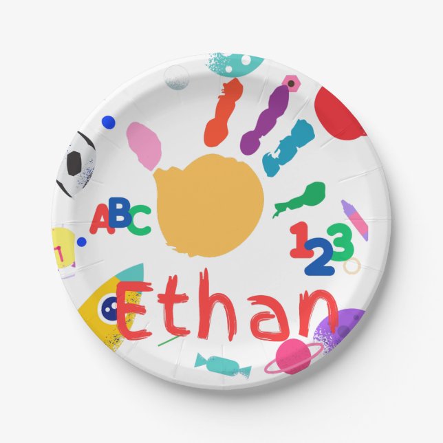 Cute Personalised Kid's ABC Hand Paint 123 Paper Plate (Front)