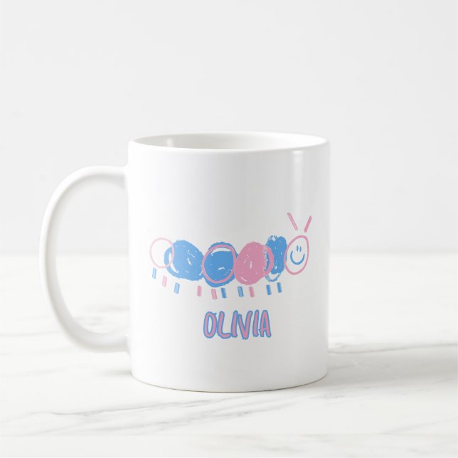 Cute Personalised Kids Doodle Worm Drawing Coffee Mug (Left)