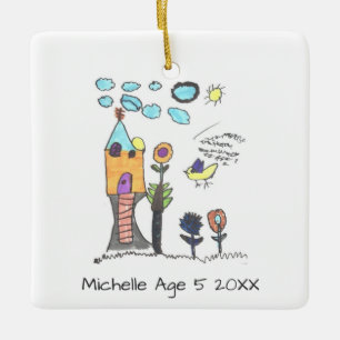 Cute Personalised Kids Drawing Art Christmas Tree Ceramic Ornament