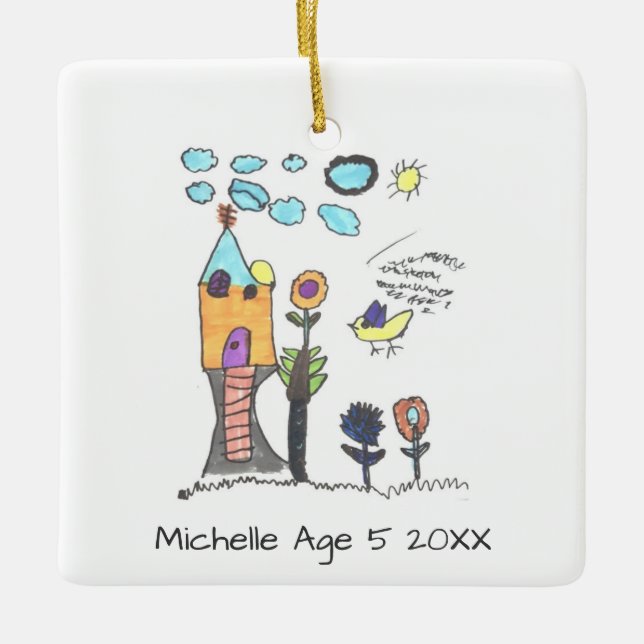 Cute Personalised Kids Drawing Art Christmas Tree Ceramic Ornament (Front)