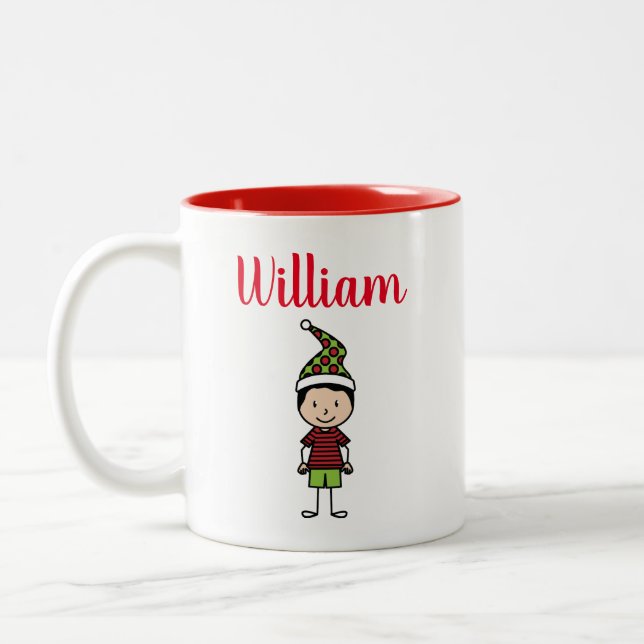 Cute Personalised Kids Red White Christmas Two-Tone Coffee Mug (Left)