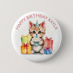 Cute Personalised Kitten in Birthday Hat 6 Cm Round Badge