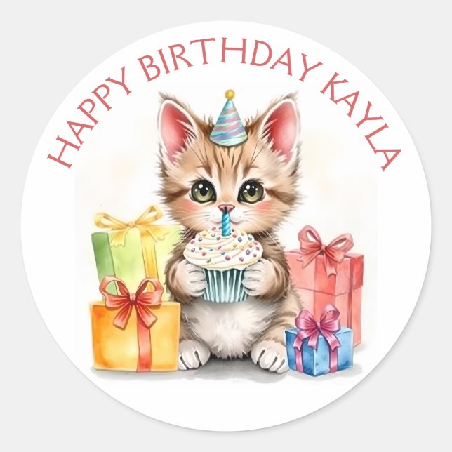 Cute Personalised Kitten in Birthday Hat  Classic Round Sticker (Front)