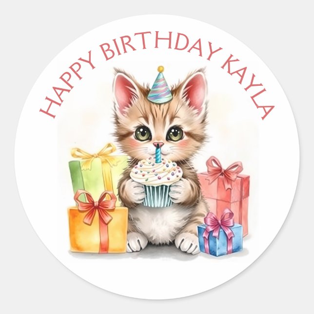 Cute Personalised Kitten in Birthday Hat  Classic Round Sticker (Front)