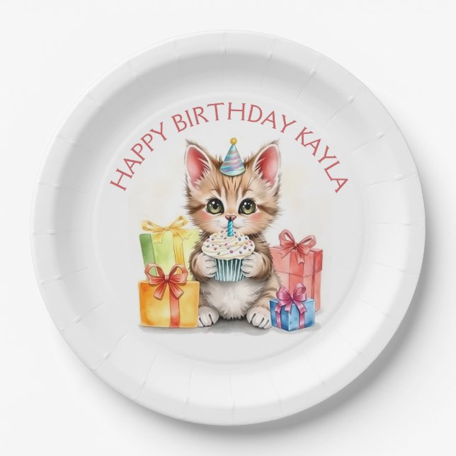 Cute Personalised Kitten in Birthday Hat  Paper Plate (Front)