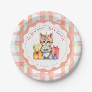 Cute Personalised Kitten in Birthday Hat Paper Plate