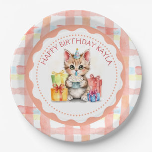 Cute Personalised Kitten in Birthday Hat  Paper Plate