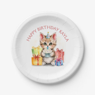 Cute Personalised Kitten in Birthday Hat  Paper Plate
