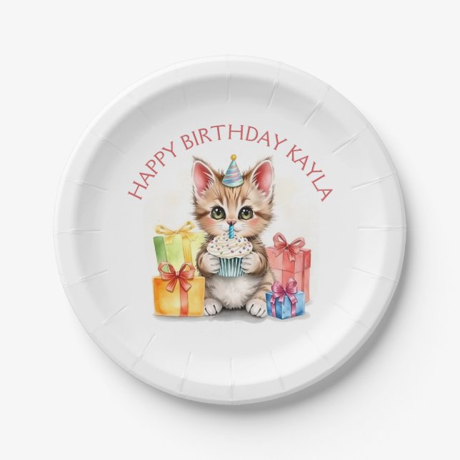 Cute Personalised Kitten in Birthday Hat  Paper Plate (Front)