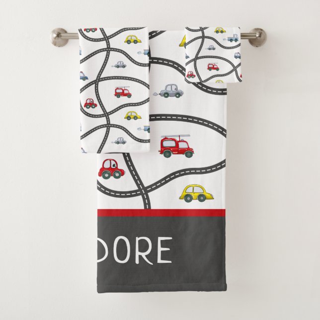 Cute Personalised Little Boy Kids Car Bath Towel Set (Insitu)