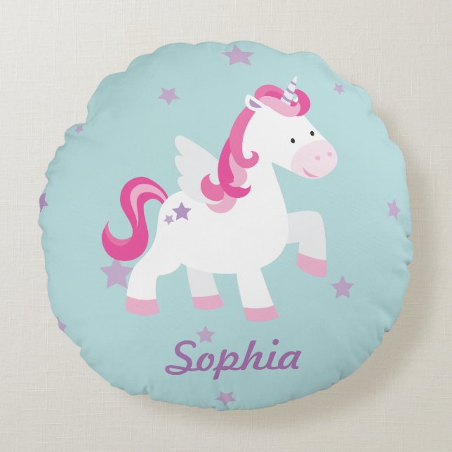 Cute Personalised Magical Unicorn Round Pillow (Front)