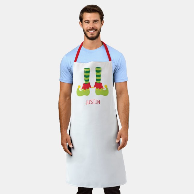 Cute Personalised Men's Elf Christmas Apron (Worn)