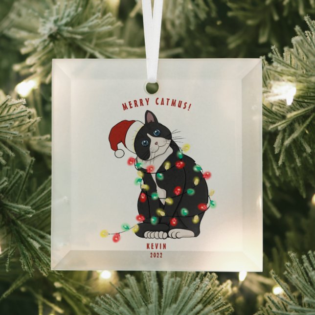 Cute Personalised Merry CatMus Funny Christmas Glass Tree Decoration (Insitu)