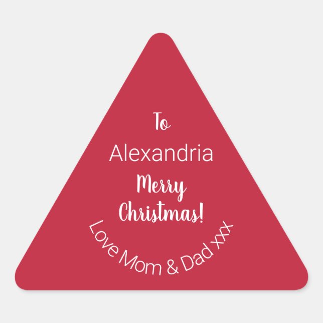 Cute Personalised Merry Christmas From Mum and Dad Triangle Sticker (Front)