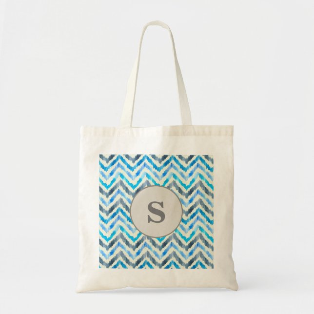 Cute Personalised Monogram Blue and White Chevron Tote Bag (Front)