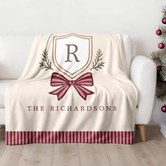 Cute Personalised Monogram Bow Christmas Fleece Blanket (Creator Uploaded)
