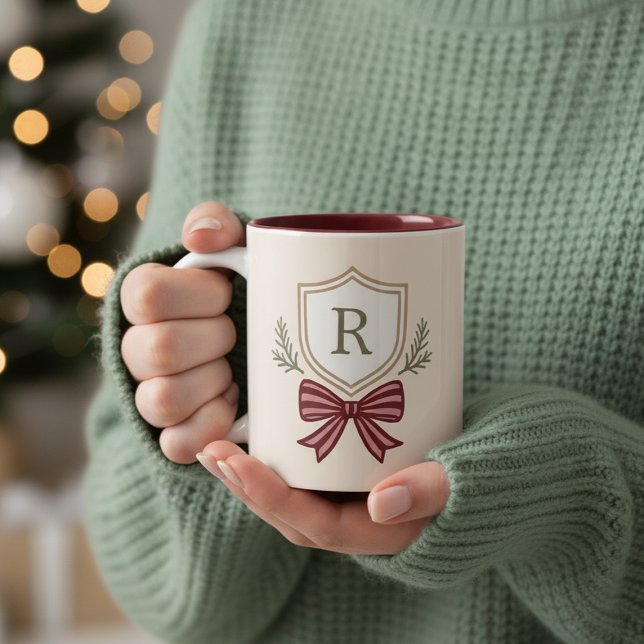 Cute Personalised Monogram Initial Bow Christmas Two-Tone Coffee Mug (Creator Uploaded)