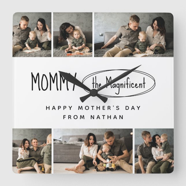 Cute Personalised Mothers Day Family Photo Square Wall Clock (Front)
