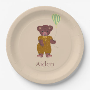 Cute Personalised Name Bear Beige Children's Paper Plate