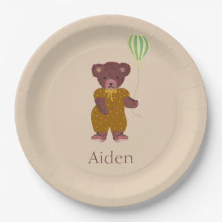 Cute Personalised Name Bear Beige Children's Paper Plate