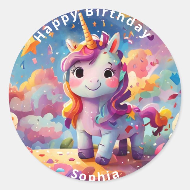 cute personalised name birthday colourful unicorn  classic round sticker (Front)
