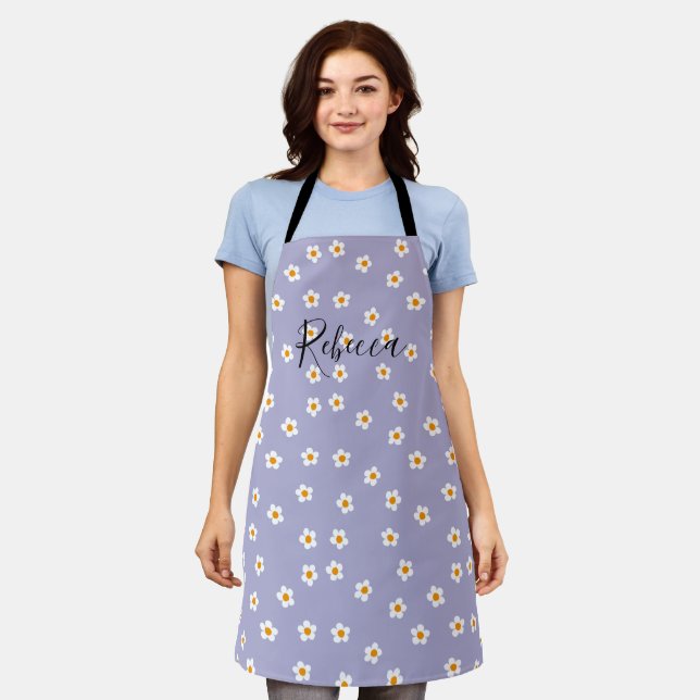 Cute Personalised Name Daisy Floral Pattern Purple Apron (Worn)