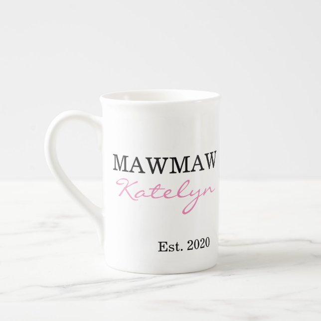 Cute Personalised Name Mawmaw Year Established Bone China Mug (Left)
